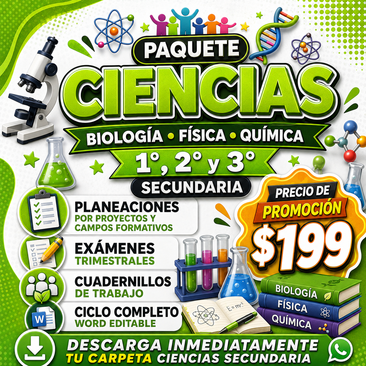 Ciencias Paquete 1°, 2° y 3° de Secundaria (Biología, Física y Química)